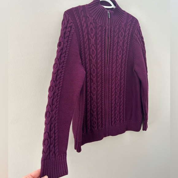 L.L. Bean Women’s Fisherman Cable Knit Zip Up
cotton Eggplant Purple Zip Jacket - Picture 3 of 6
